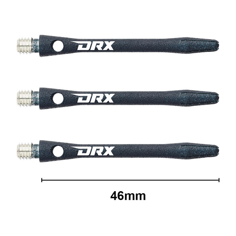 Three 46mm DRX-coated aluminium dart shafts in side view on white background with length scale for darts accessories
