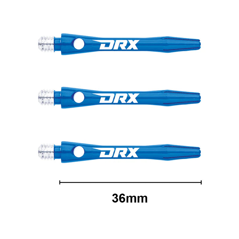 Three blue DRX aluminium dart shafts in a row, 36mm length shown, isolated on white background for dart accessories