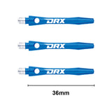 Three blue DRX aluminium dart shafts in a row, 36mm length shown, isolated on white background for dart accessories