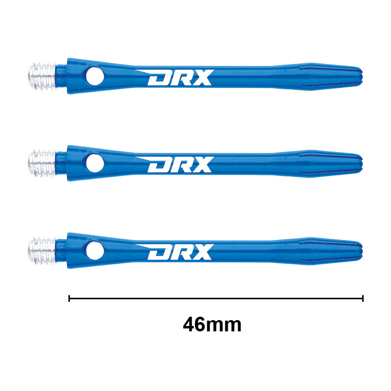 Three blue aluminium dart shafts with DRX logo, 46mm length, isolated on white background, showing threaded tips and measurement for dart accessories