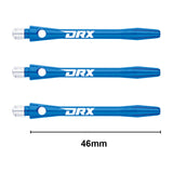 Three blue aluminium dart shafts with DRX logo, 46mm length, isolated on white background, showing threaded tips and measurement for dart accessories