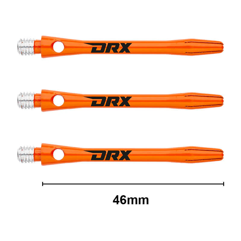 Three orange aluminium dart shafts with DRX logo, 46mm length, isolated on white, showing threaded tips and slotted tops