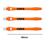 Three orange aluminium dart shafts with DRX logo, 46mm length, isolated on white, showing threaded tips and slotted tops