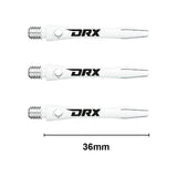 Three white DRX aluminium dart shafts 36mm length aligned on white background with screw threads and logo detail