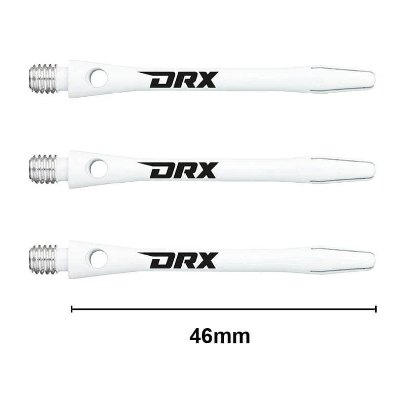 Three white aluminium dart shafts with DRX logo, 46mm length shown, top-down view, threaded ends and slotted tips visible