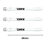 Three white aluminium dart shafts with DRX logo, 46mm length shown, top-down view, threaded ends and slotted tips visible