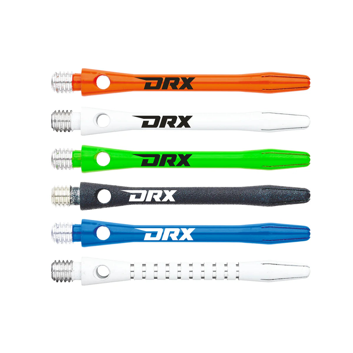 Aluminium dart shafts in multiple colors and finishes, full view, isolated on white background, showing DRX logo and threaded tips
