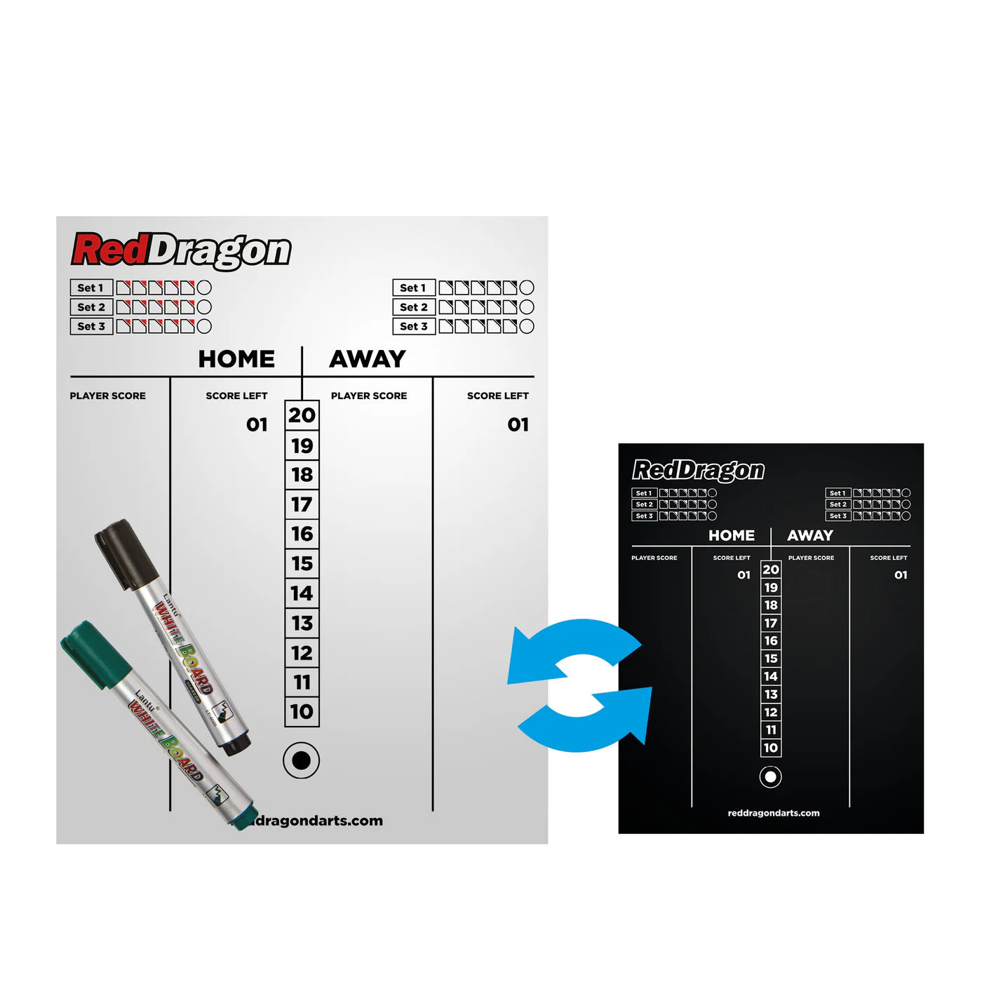 Double-sided dry wipe dart scoreboard with cricket score segments, Home and Away columns, and two dry erase markers on white background