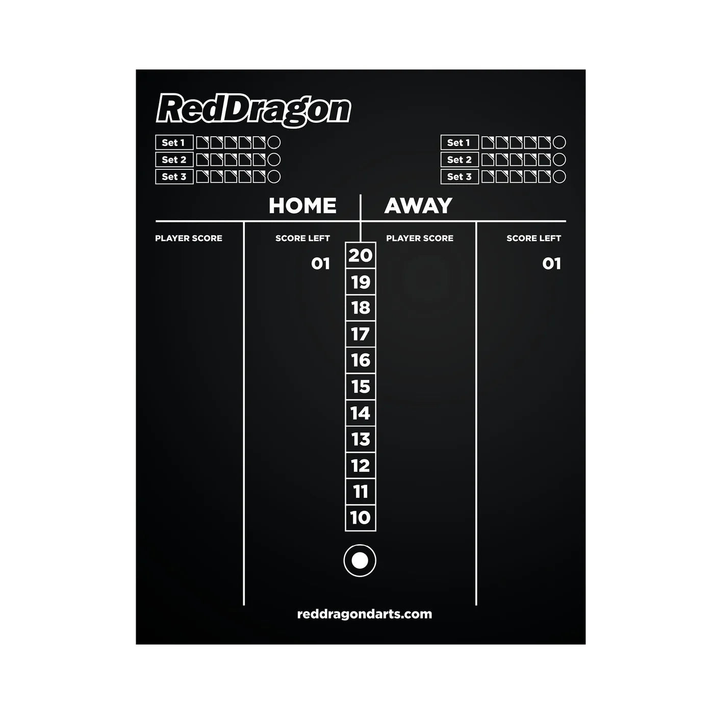Full view dry wipe darts scoreboard with cricket set markers, isolated on white, for home and away score tracking