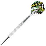 Tungsten dart full view on white background featuring knurled grip, precision point, and vibrant graphic flight for dart players