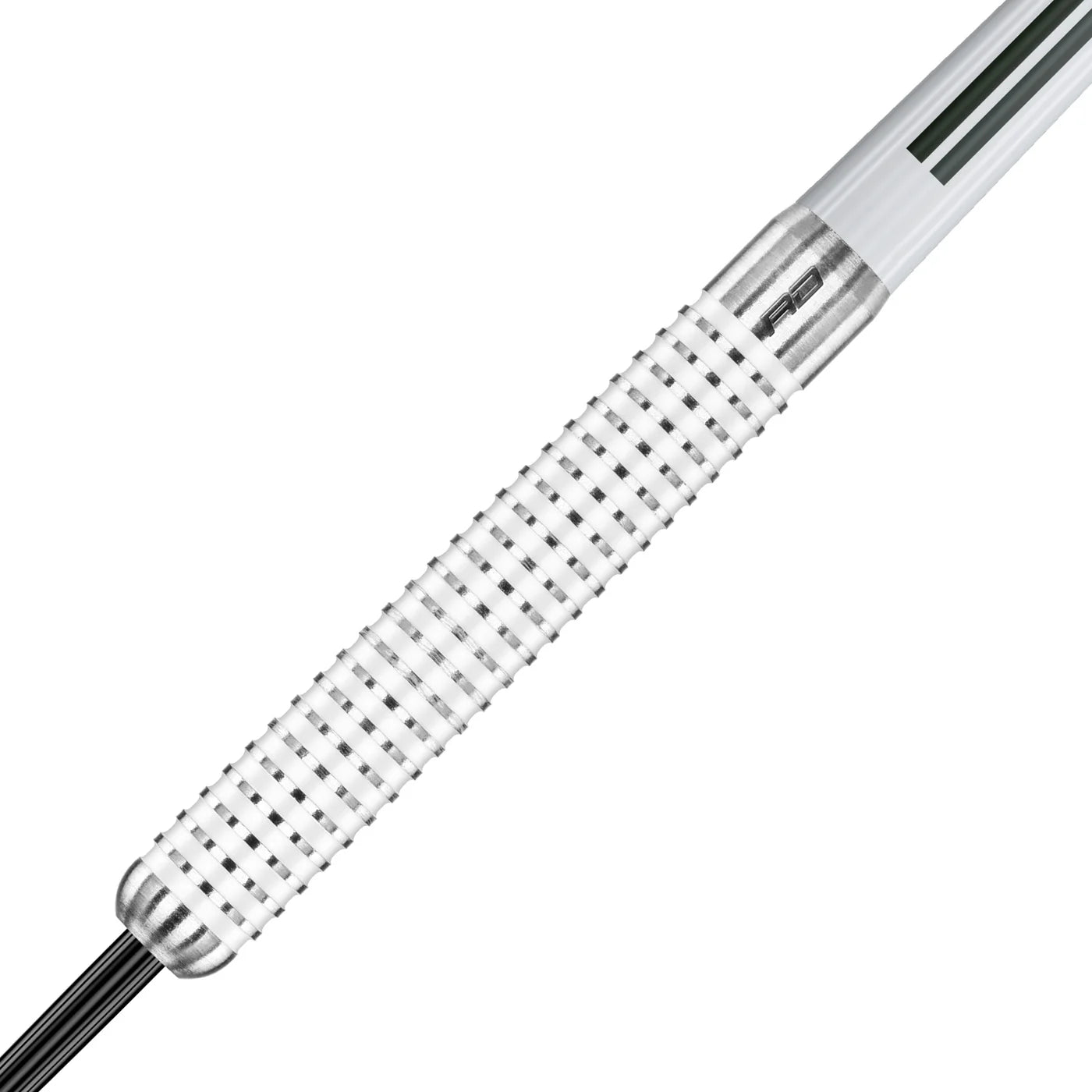 Close-up angled view of 90% tungsten dart barrel showing ringed grip texture and detailed knurling on white background