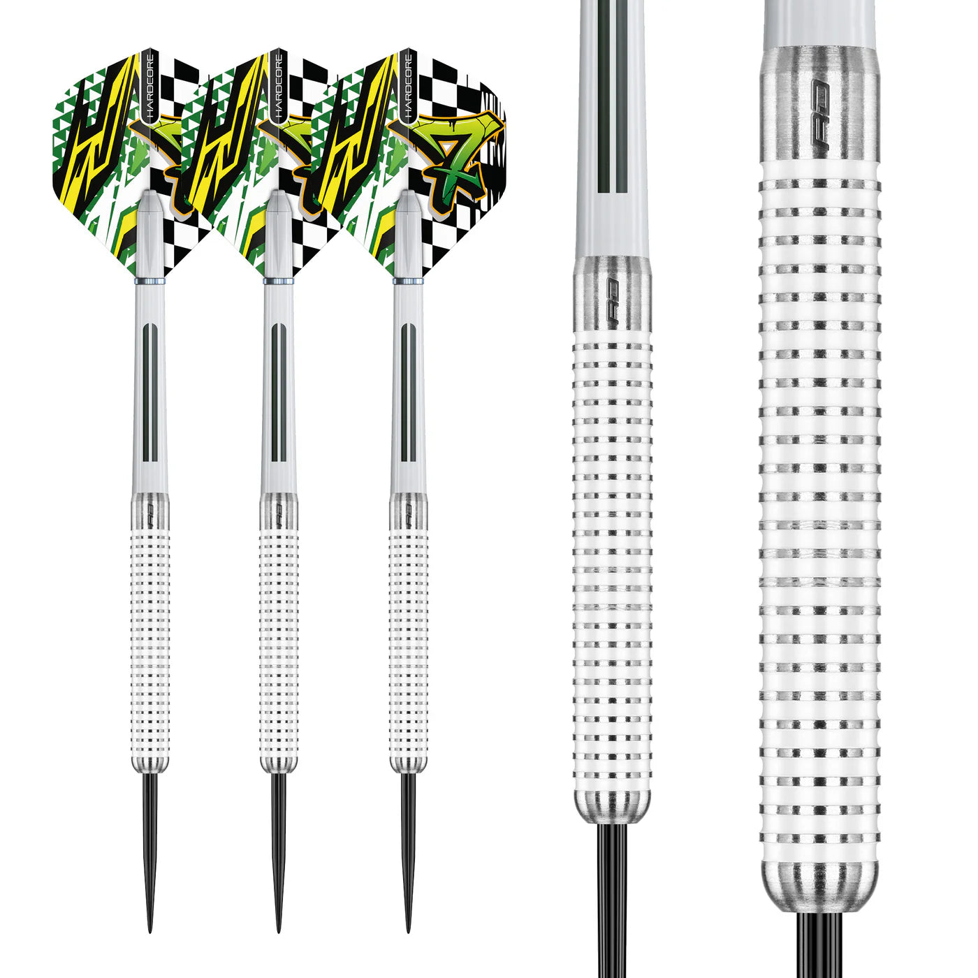 Set of three 90% tungsten darts with close-up of precision ring-grip barrels and vibrant flights, isolated on white