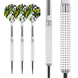 Set of three 90% tungsten darts with close-up of precision ring-grip barrels and vibrant flights, isolated on white
