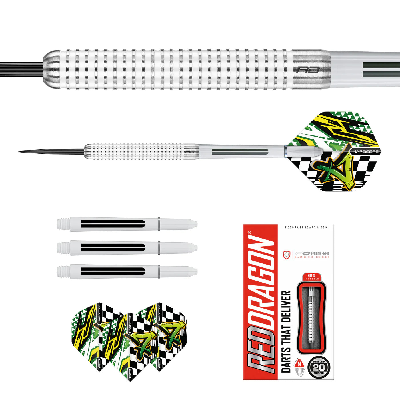 Full set of 90% tungsten darts with close-up barrel grip, spare white shafts, custom flights, and retail box, isolated on white background