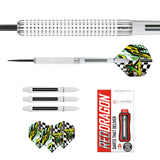Full set of 90% tungsten darts with close-up barrel grip, spare white shafts, custom flights, and retail box, isolated on white background