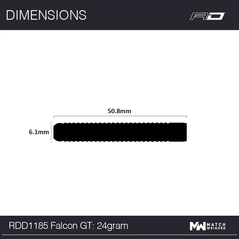 Dart barrel side view with dimensions 50.8mm length and 6.1mm diameter, silhouette on white for size reference