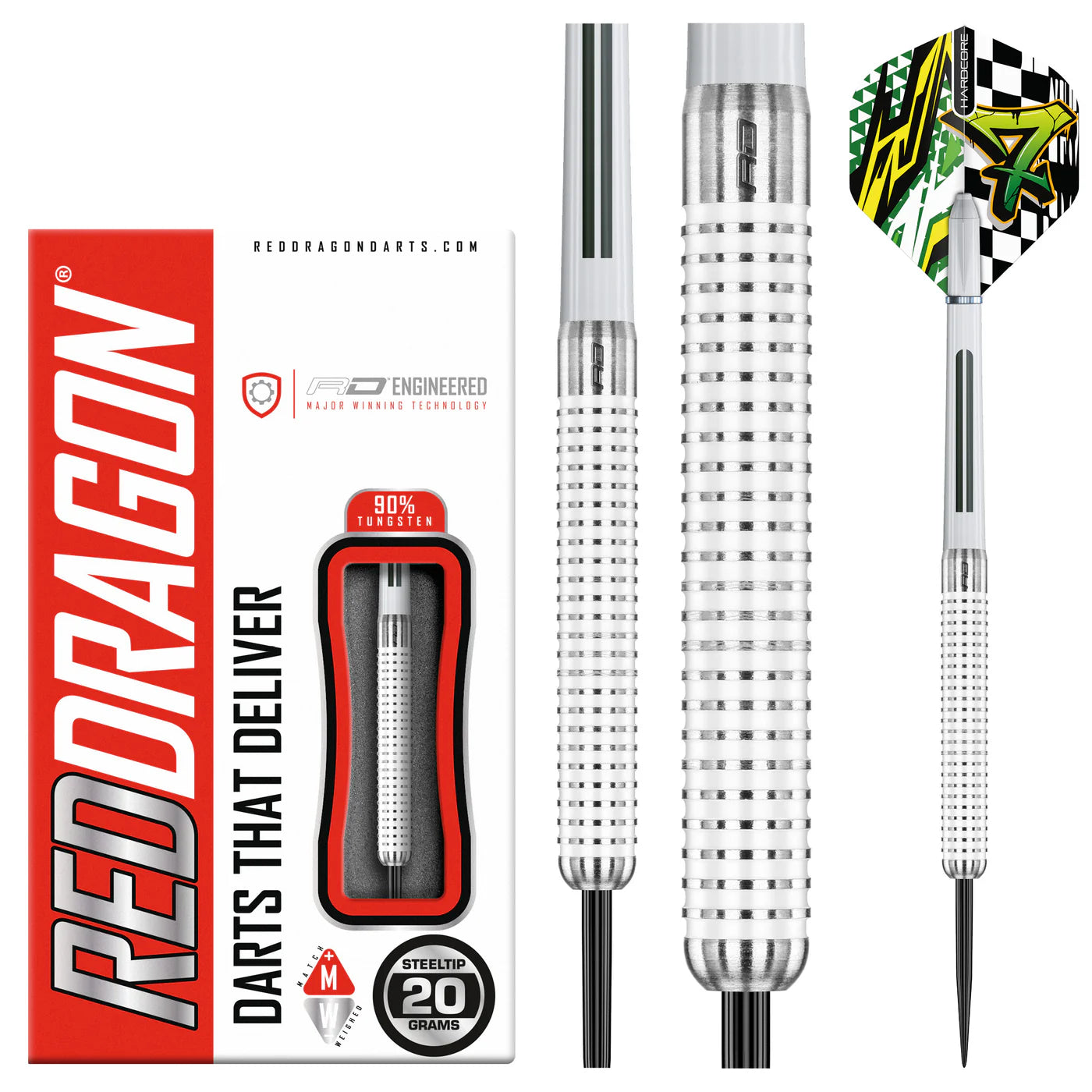 Steel tip tungsten darts set with knurled barrel grip, included retail packaging, close-up of flight and 20g weight