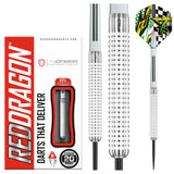 Steel tip tungsten darts set with knurled barrel grip, included retail packaging, close-up of flight and 20g weight
