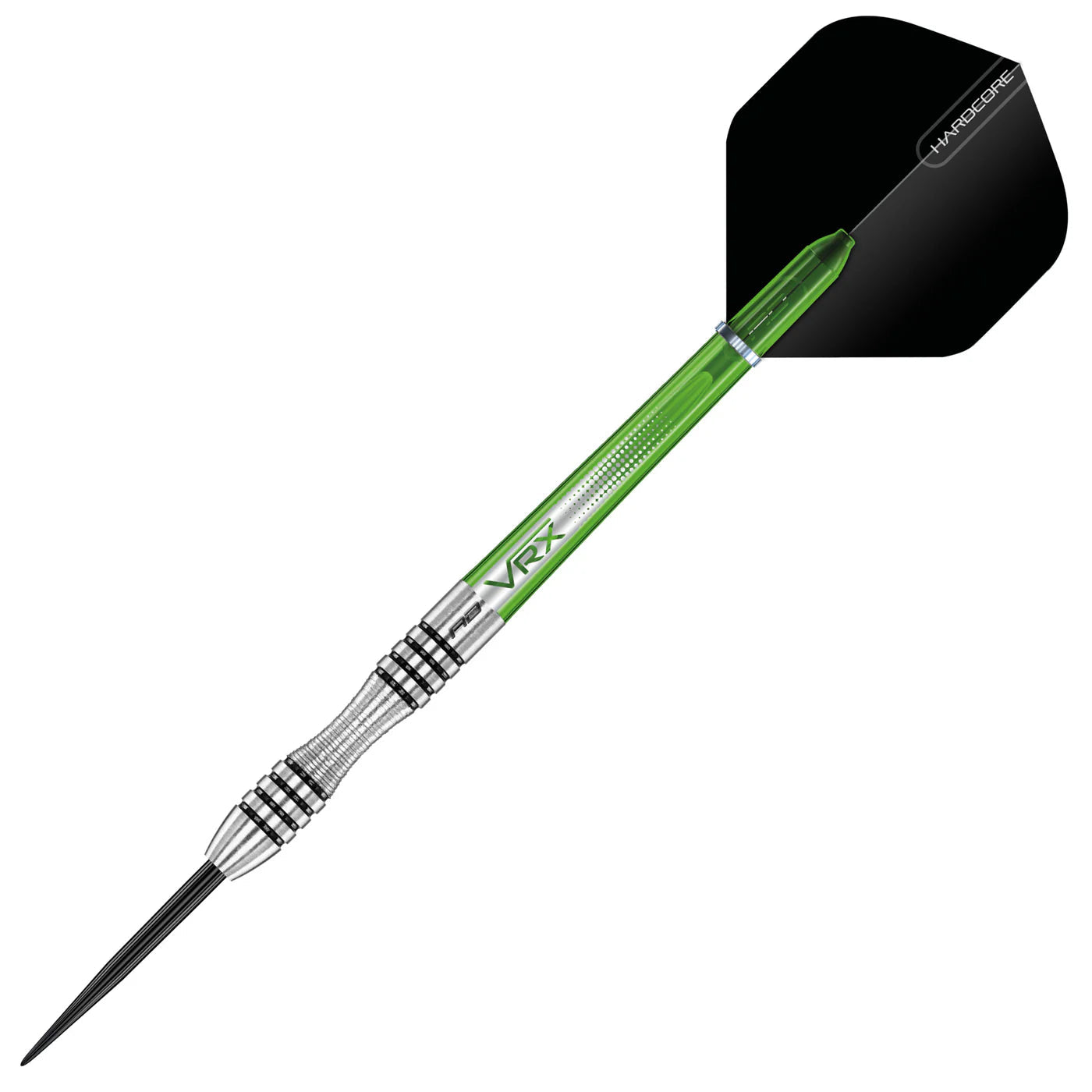 Angled view of tungsten dart with knurled grip barrel, green shaft, and black flight on white background