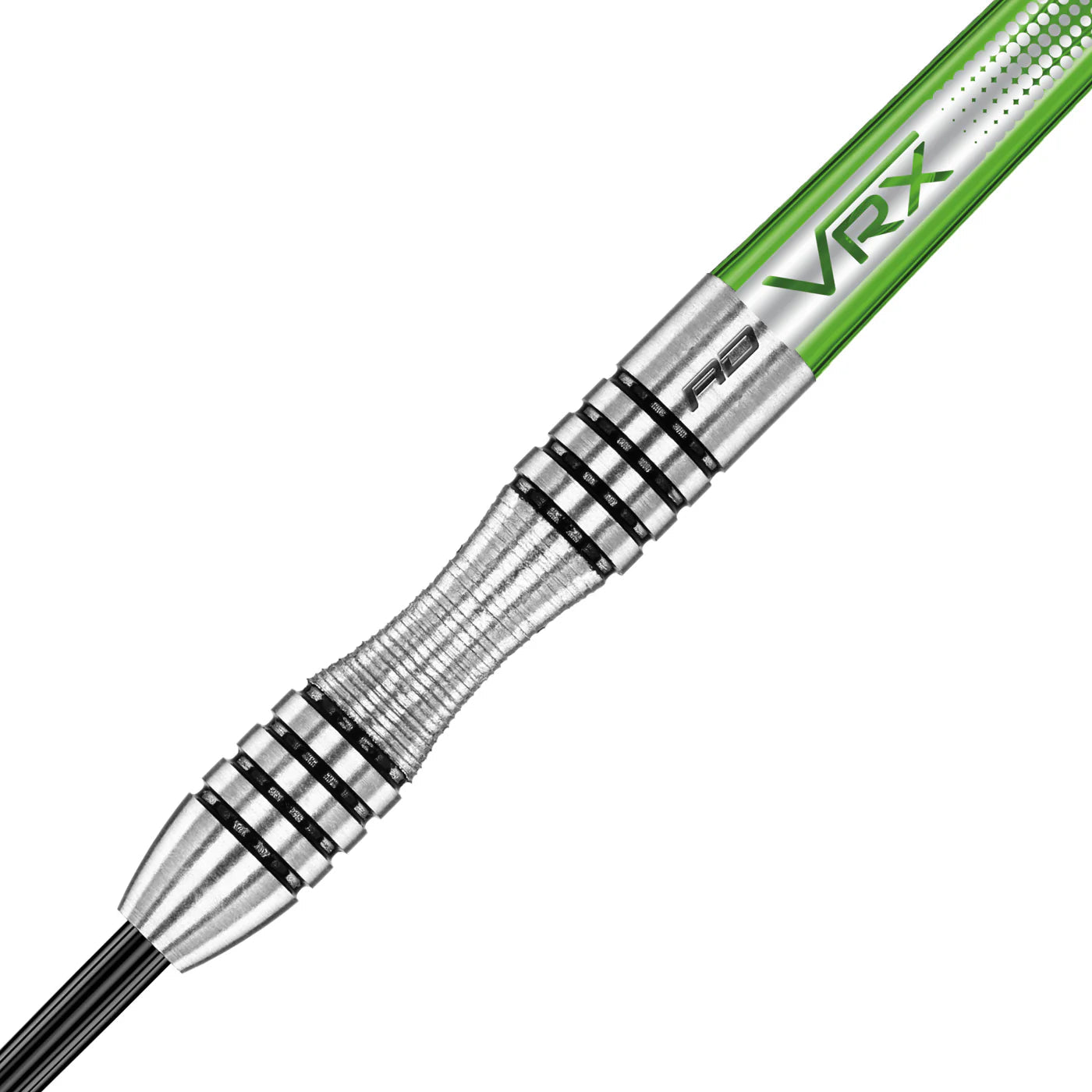 Close-up of 85% tungsten dart barrel with precision ringed grip and green VRX shaft, isolated on white for dart equipment buyers