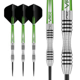 Featherlite 85% tungsten darts set, full view and close-up barrel grip detail, knurled rings, black flights, green stems, steel tips