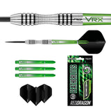 Steel tip darts set featuring close-up of grip texture, side profile, spare shafts, flights, and retail packaging on white background