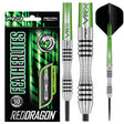 Featherlite tungsten darts set with retail packaging, full dart and close-up showing knurled grip and green flights