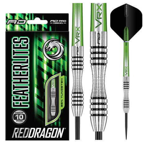 Featherlite tungsten darts set with retail packaging, full dart and close-up showing knurled grip and green flights