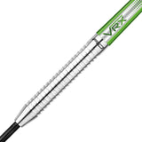 Macro close-up of 85% tungsten dart barrel showing precision grip rings and tapered profile, isolated on white for detail