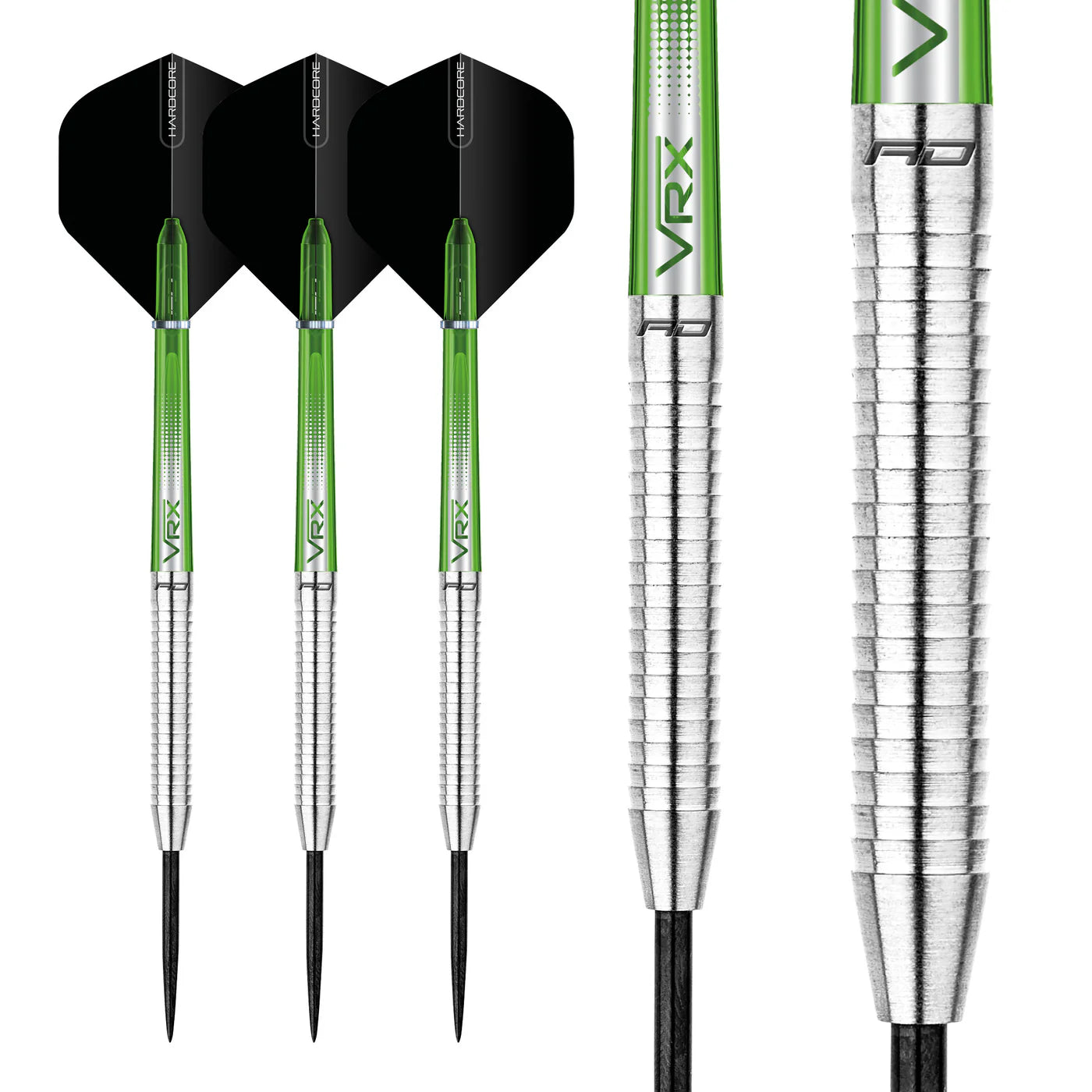 Full view and macro close-up of Featherlite 2 tungsten darts showing ringed barrel grip, silver and green shafts, and black flights on white background