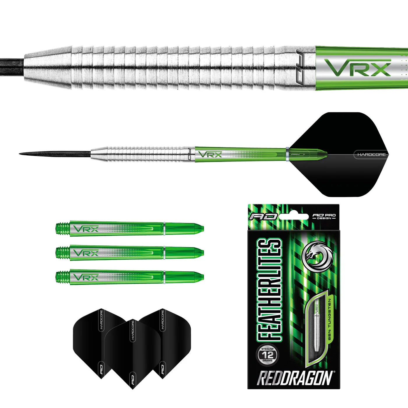 Angled full view and close-up of 85% tungsten darts featuring ringed grip, VRX stem, three green shafts, black flights, and retail packaging