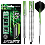 Featherlite 2 85% tungsten darts packaging, detailed barrel grip close-up, and full steel tip dart with green VRX shaft and black flight.