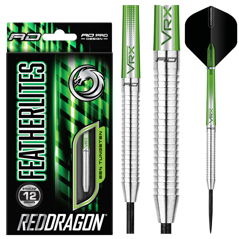 Steel tip tungsten darts 12g with green VRX barrel, ribbed grip texture, and black flight, shown with retail packaging.