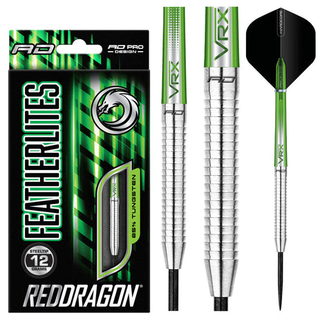 Steel tip tungsten darts 12g with green VRX barrel, ribbed grip texture, and black flight, shown with retail packaging.