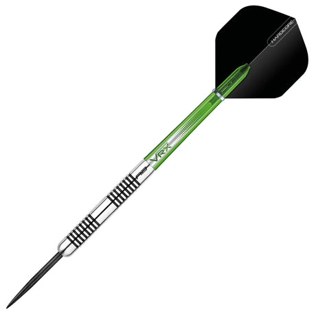 Angled full view of 18g Featherlite 7 tungsten dart with precision ringed barrel, green VRX shaft, and black flight on white background