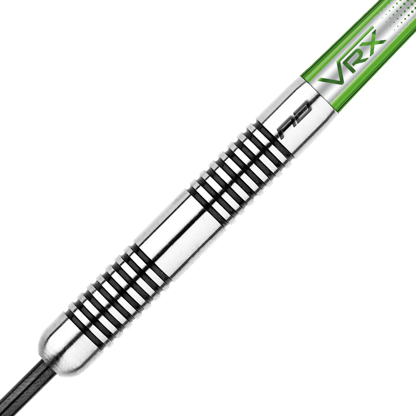 Close-up angled view of tungsten dart barrel with precision ringed grip and machined grooves for enhanced throw control