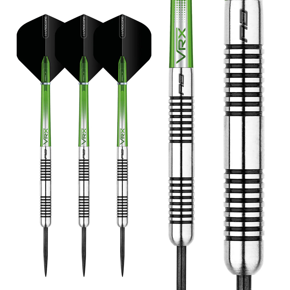 Three 85% tungsten darts with black flights and green shafts, isolated on white, with close-up barrel grip texture detail