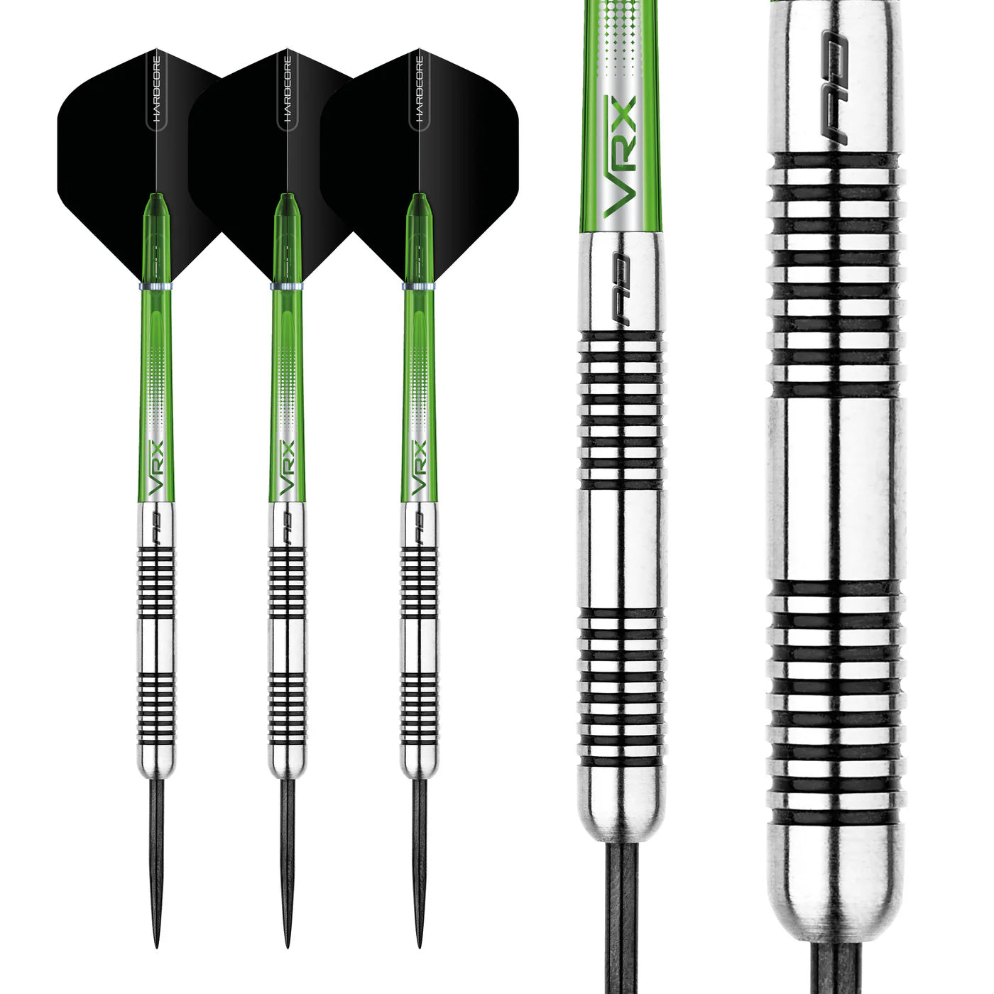 Three 85% tungsten darts with black flights and green shafts, isolated on white, with close-up barrel grip texture detail