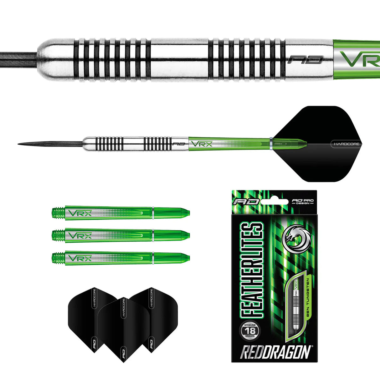 Tungsten darts set with close-up barrel texture, spare green shafts, black flights, full dart side view, and retail packaging on white