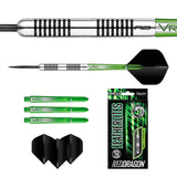 Tungsten darts set with close-up barrel texture, spare green shafts, black flights, full dart side view, and retail packaging on white