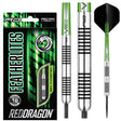 Steel tip tungsten darts set with close-up of precision ringed barrel, black and green flights, and retail packaging on white background