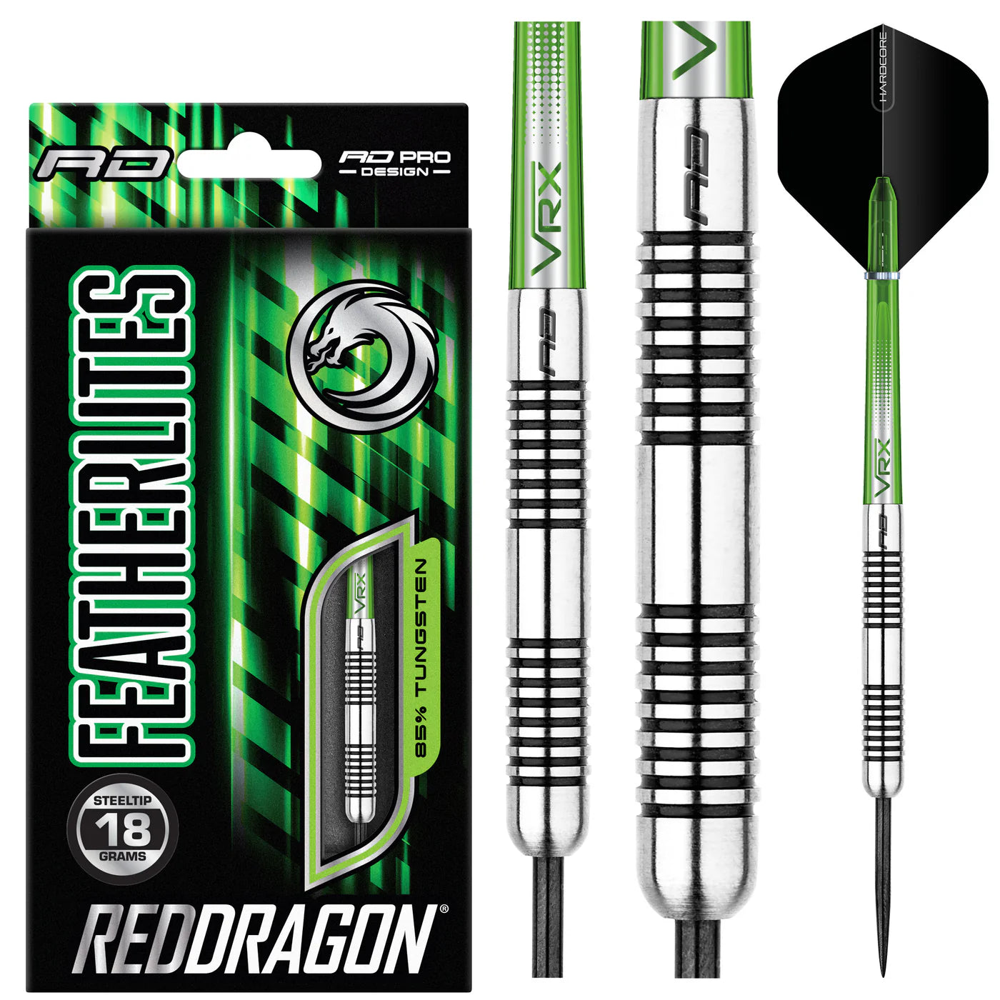 Steel tip tungsten darts set with close-up of precision ringed barrel, black and green flights, and retail packaging on white background