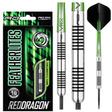 Steel tip tungsten darts set with close-up of precision ringed barrel, black and green flights, and retail packaging on white background