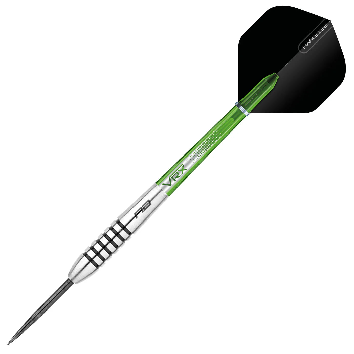 Full view tungsten dart with slim grooved barrel, green VRX shaft, and black Harrows flight on white background
