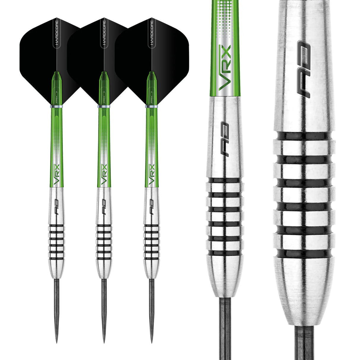 Three 85% tungsten darts with green stems, black flights, detailed grip rings, and close-up barrel texture on white background