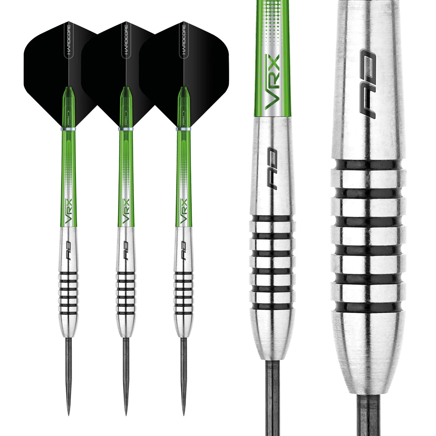 Three 85% tungsten darts with green stems, black flights, detailed grip rings, and close-up barrel texture on white background