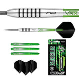 Steel tip tungsten darts set with barrel grip close-up, full dart side view, extra green shafts, black flights, and retail box on white background