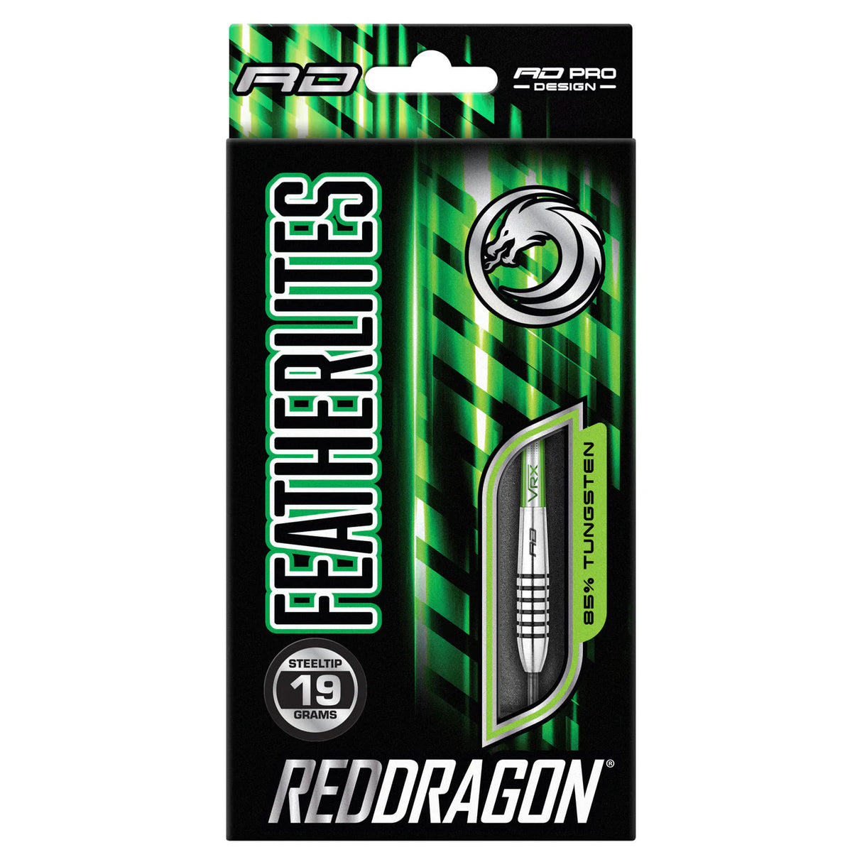Retail packaging for Featherlite 9 85 percent tungsten steeltip darts 19g with dart barrel visible in display window