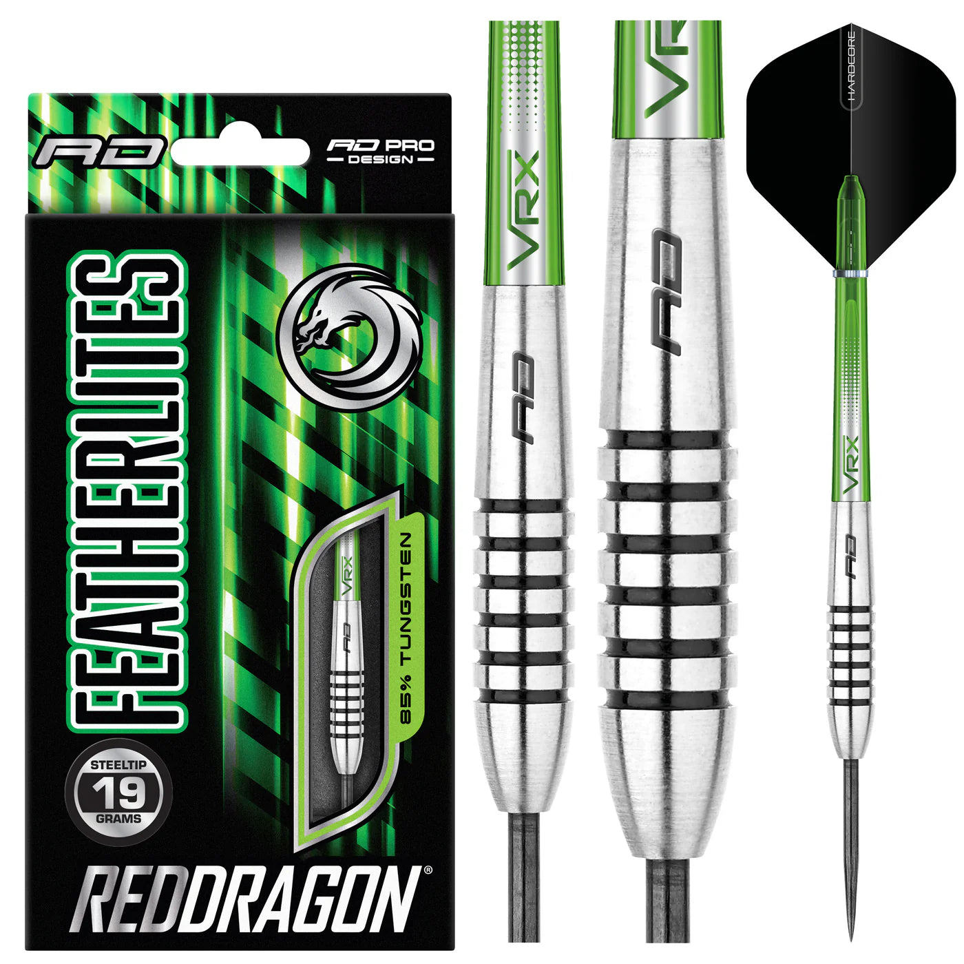 Steeltip tungsten darts 19g in packaging with close-up barrel grip, full dart view, and vibrant green VRX flights