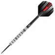 Tungsten dart full view on white background showing ringed grip barrel, black steel tip, and red-black flight design